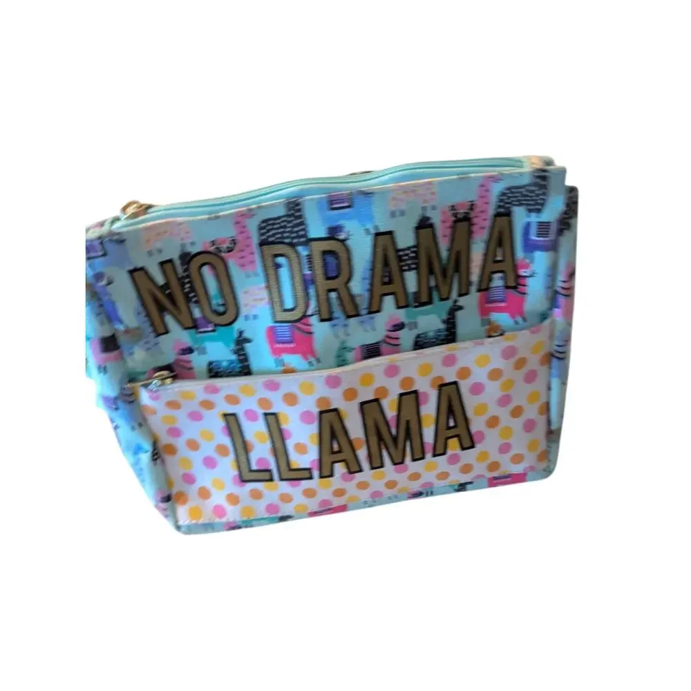 No Drama Llama Canvas Wristlet Light Teal Llama Print Dual Zipper Pouch